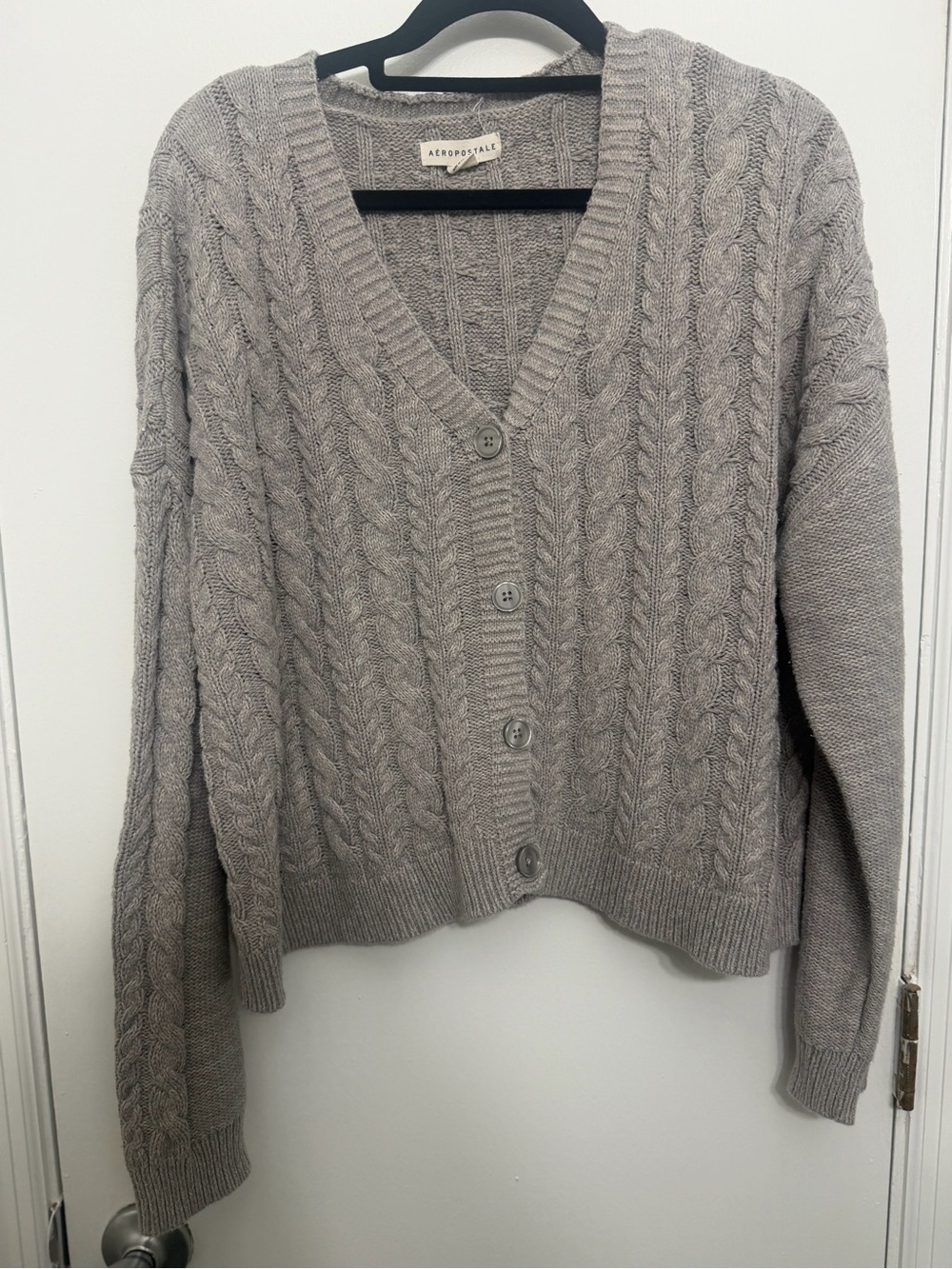 Aeropostale Light Gray Cable Knit V-Neck Button Cardigan